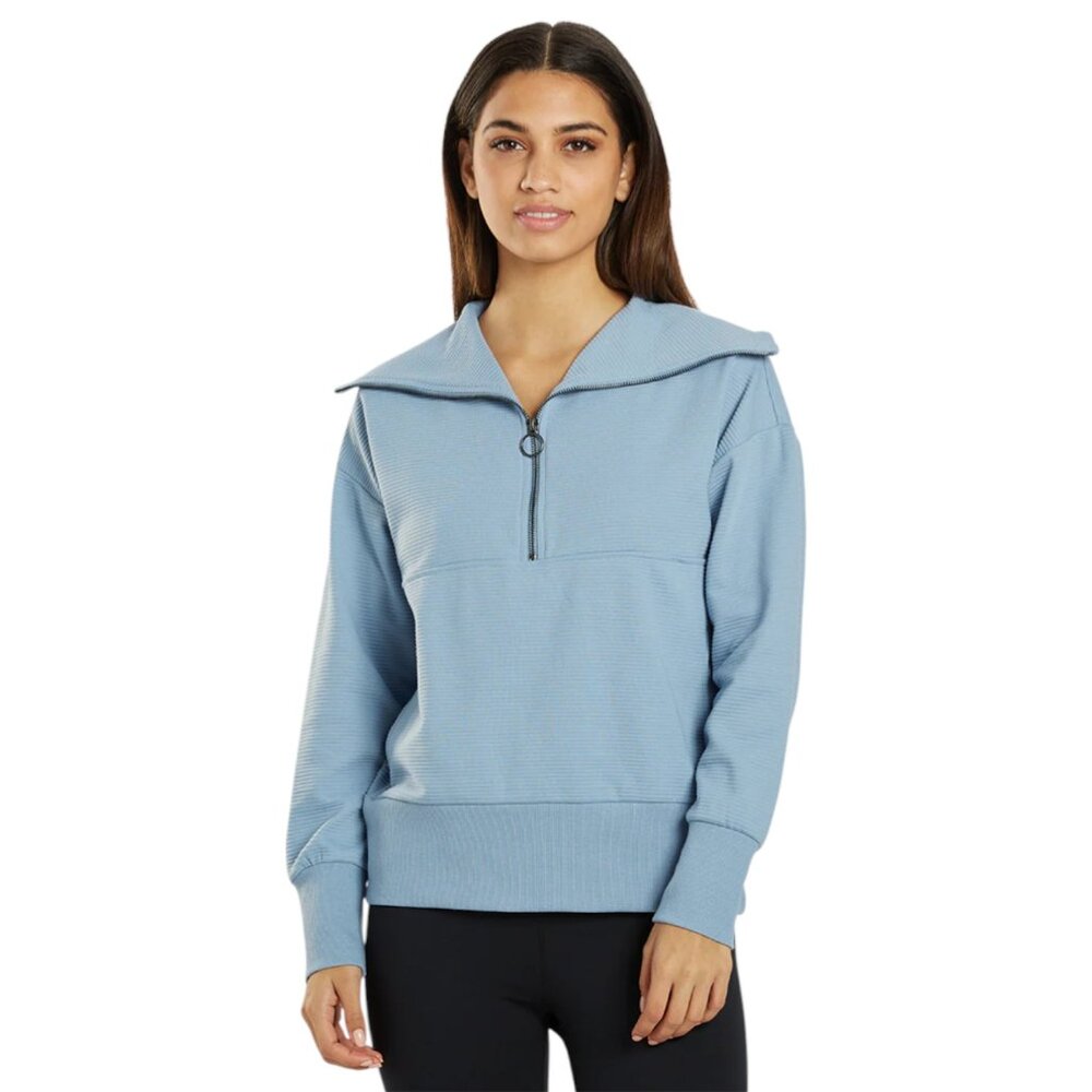 Marika Ribbed Half Zip Pullover Ring Zipper Blue Sz M (Est) Cozy Athleisure